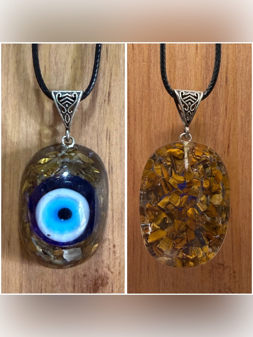 Evil Eye Resin Pendant Necklace with Tiger Eye Inlay - Black Cord